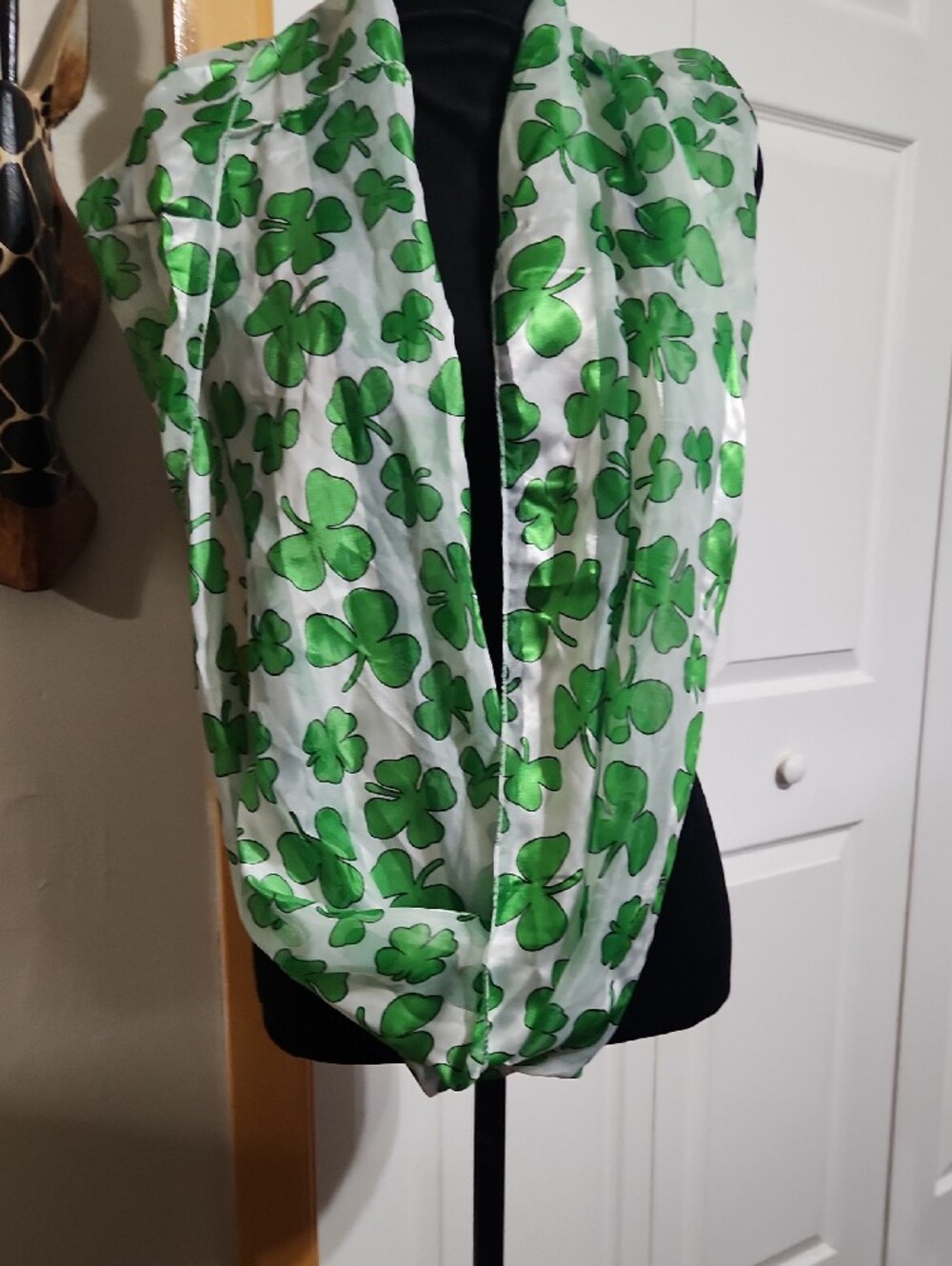 Sheer White Scarf with Green Clover Motif